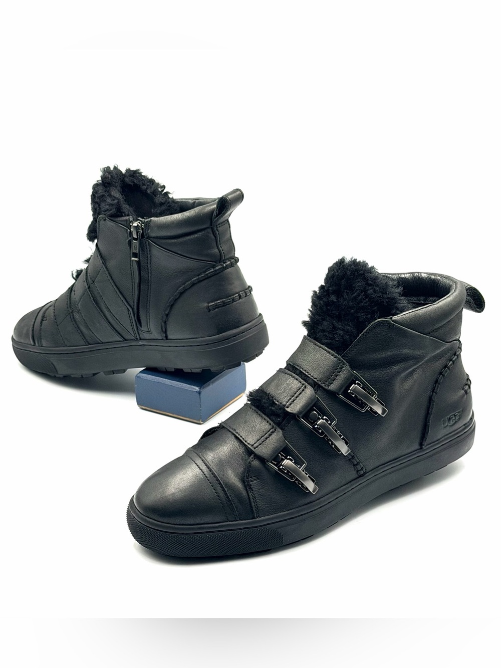 UGG Palomar High Top Leather Sneaker Fur Boot Black Buckle Strap